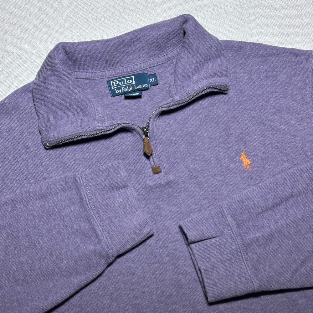 Polo Ralph Lauren 1/4 Zip Sweater Mens XL Heather Purple Cotton Knit Orange Pony